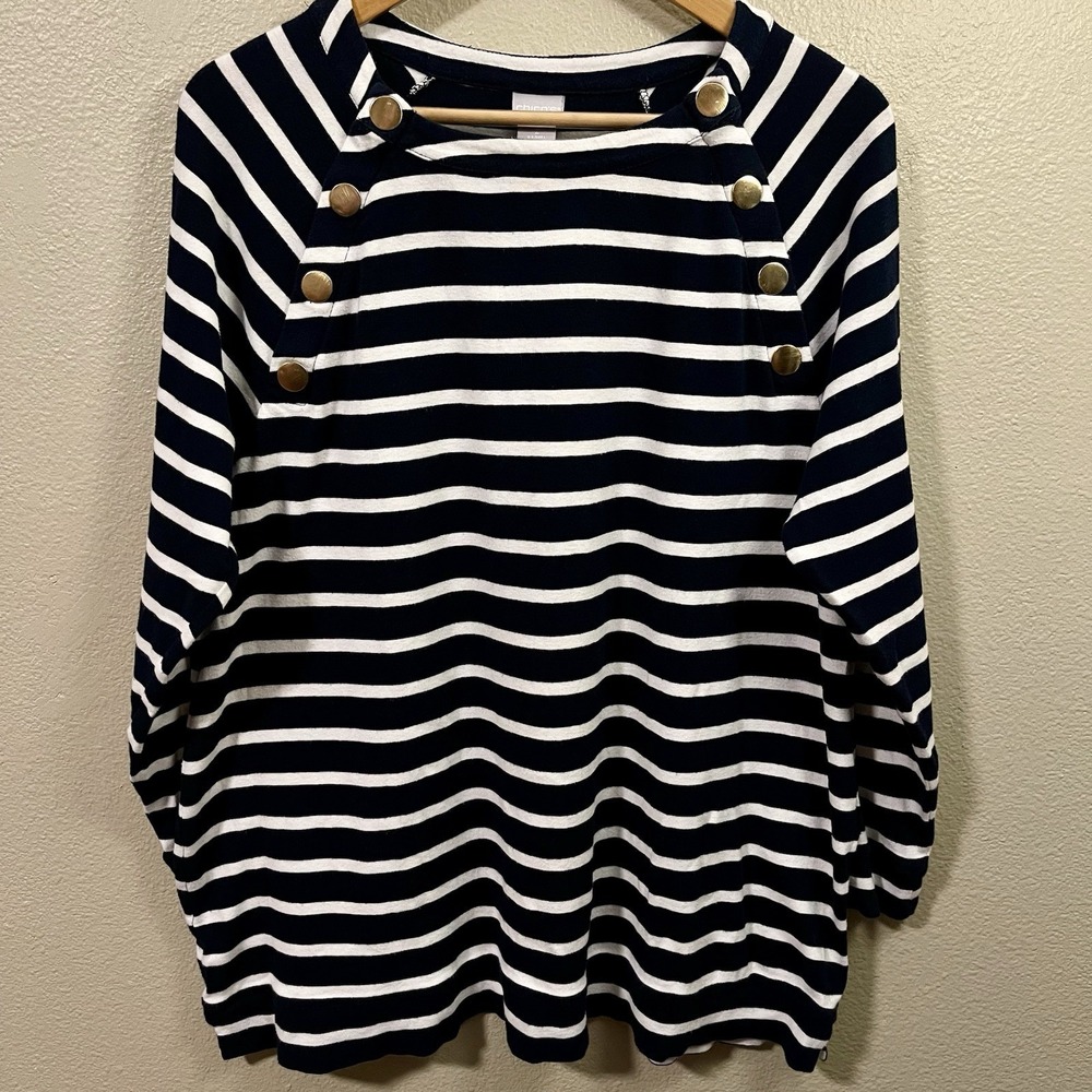 Chico's Nautical Stripe Long Sleeve Shirt Gold Buttons Cotton Size L Fits 1X 2X